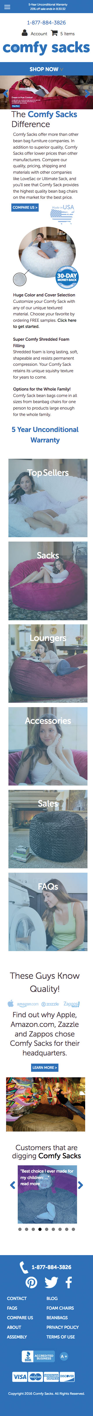 A mobile view of the entire Comfy Sacks Homepage